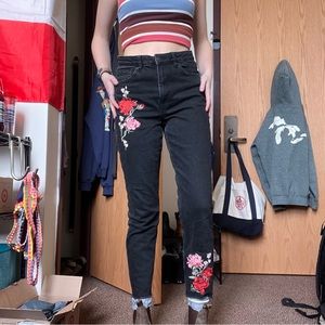 Divided floral embroidered black jeans!